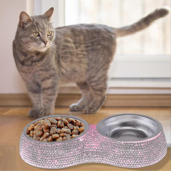 Rhinestone Hundeskåle Rustfrit Stål Dobbelt Foder Pet Til Hvalpe Pink