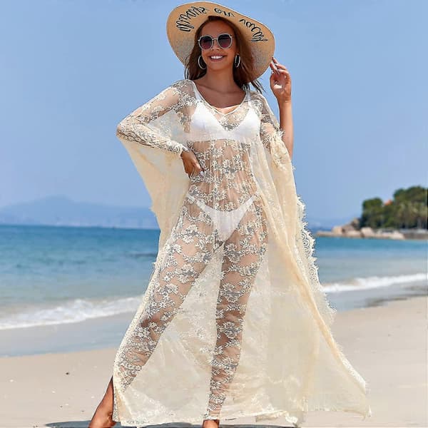Strandklänning Boho Spets Kimono Plus Size Bikini Morgonrock Baddräkt för Kvinnor Enfärgad Beige
