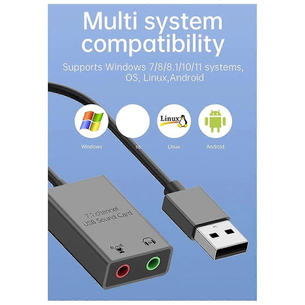 7.1 Kanal Lydkort Ekstern 3.5mm USB Adapter USB til Mikrofon Høyttaler Lydgrensesnitt for Bærbar Datamaskin