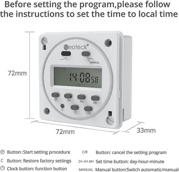 12V 16A Digital Programmerbar Klokketimer Strømuttak med 16 Programmer