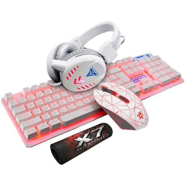 4st/set K59 Mekaniskt Trådbundet USB-Tangentbord Belyst Gamingmus Musmatta Headset Skrivbord Bakgrundsbelysning Kit White
