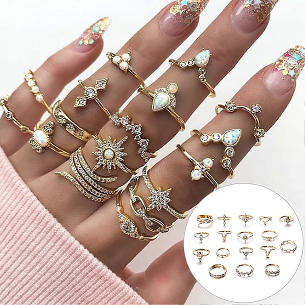 17 st Unika Graverade Stapelbara Knogringar Legering Boho Etnisk Stil Faux Ädelsten Fingerringar Smyckestillbehör