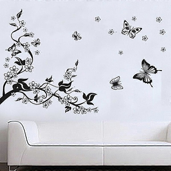 Svart Blommig Fjäril Blomma DIY Vinranka Väggdekor Konst Mural Rum Dekal Qinhai