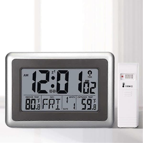 Väggklocka med Stor Display, Inomhus- och Utomhustemperatur, Datumkalender, Digital Väckarklocka för Kök