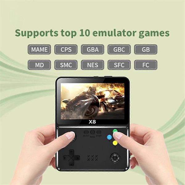 X8 Retro Spillekonsol 4 tommer IPS Skærm Håndholdt Spilleafspiller 10 Simulatorer Videospillekonsol til SFC Grøn