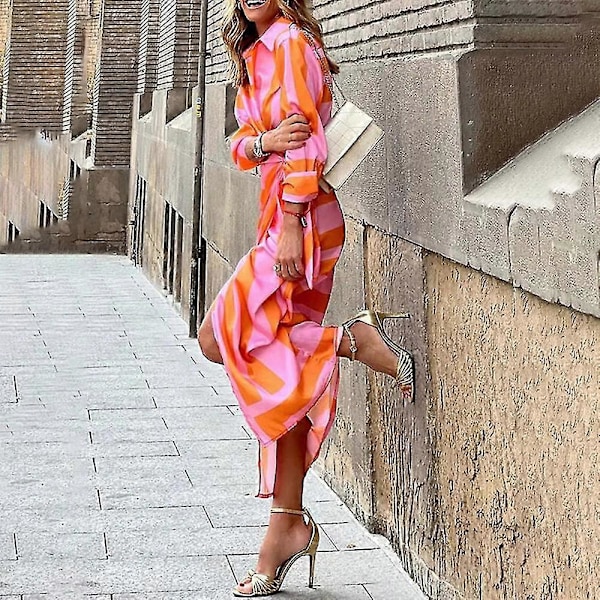 Dame Plus Size Langærmet Printet Revers Slips Skjorte Slå-om Kjole Midi Kjole (Orange og Pink M)