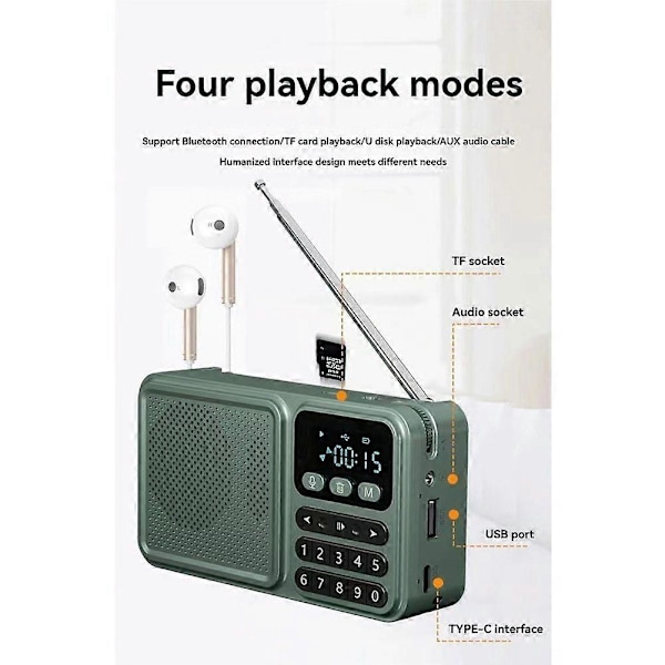 Bærbar FM Radio Solcelle Nødradio Opptaker Trådløs Bluetooth Høyttaler Støtter U Disk TF Kort MP3 Avspilling Grønn