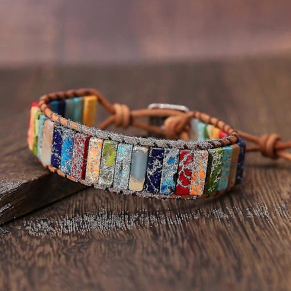 7 Chakra Armband Handgjort Färgglatt Armband Chakra Pärlor Sten Läderlindat Armband Tiger Eye