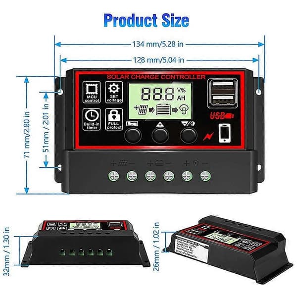 Solar Laderegulator Svart Solcellepanel Batteri Smart Regulator Doble USB-porter Automatisk Justerbar LCD-skjerm