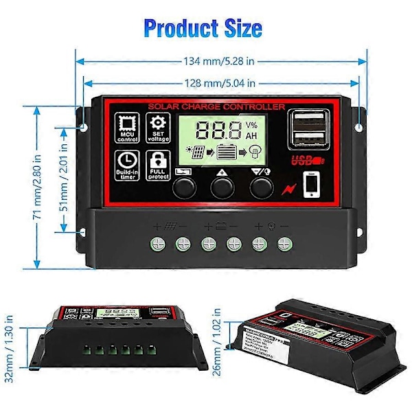 Solar Opladningscontroller Sort Solpanel Batteri Smart Regulator Dobbelt USB-porte Automatisk Justerbar LCD-skærm