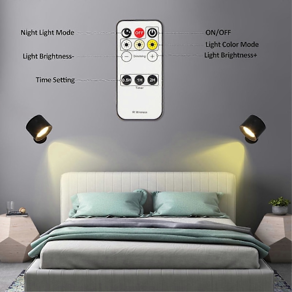 1 Sett LED Magnetisk Vegglampe Intelligent 360 Graders Rotasjon USB-Lading 3-Fargetemperatur Fjernkontroll Lang Batterilevetid Lampe