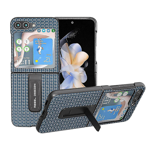Lyxigt texturerat fodral med stativ i äkta kohudläder + PC-skal för Samsung Galaxy Z Flip5 5G Blue