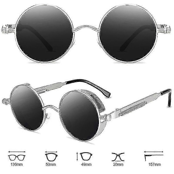 Vintage Polariserede Steampunk Solbriller Herre Runde Silver Frame Grey Lenses