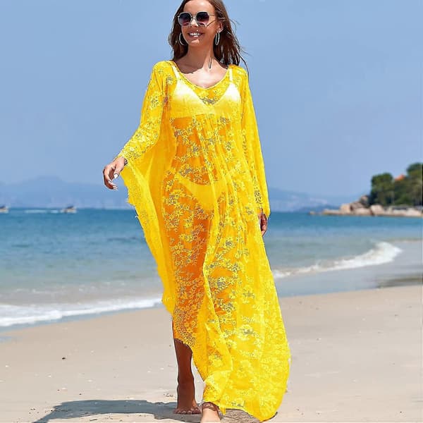 Strandklänning Boho Spets Kimono Plus Size Bikini Morgonrock Baddräkt för Kvinnor Enfärgad Yellow