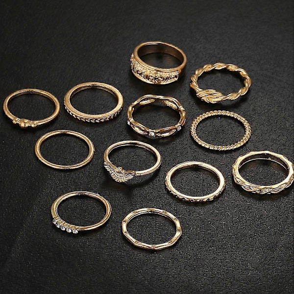 12 st Retro Vridna Utskurna Knogfingerringar Strass Ring Set Smycken