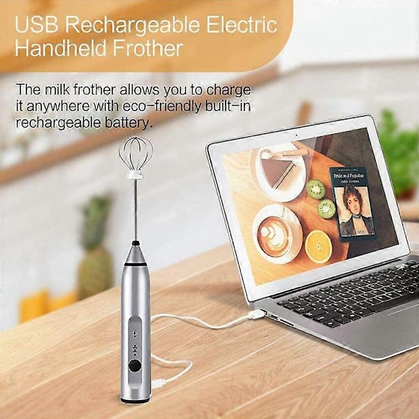 Elektrisk melkeskummer, håndholdt melkeskummer, USB-oppladbar kaffeskummer, 3 hastigheter, melkevisp for kaffe, cappuccino