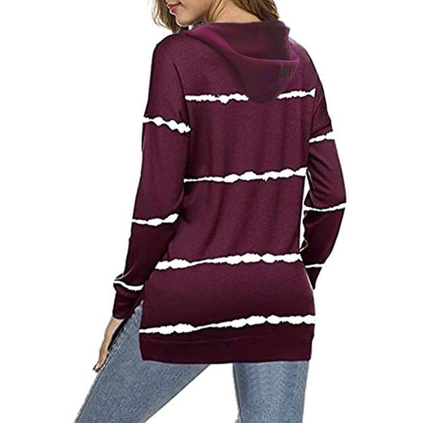 Randig huvtröja för kvinnor Casual Toppar Sweatshirt Lösa långärmade huvtröjor Wine Red XL