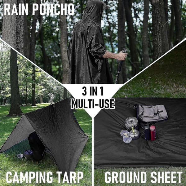 Poncho i militærstil, multifunksjonell ripstop-regnponcho med hette, vanntett regnfrakk for utendørsaktiviteter (1 stk) Black