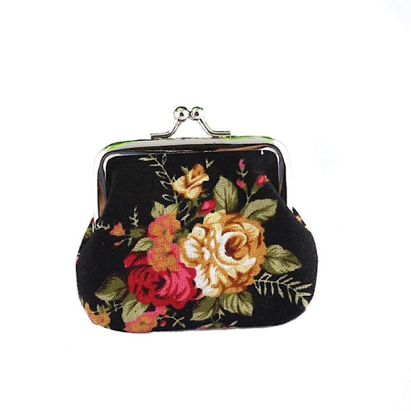 Dam Retro Blommig Lås Plånbok Mini Börs Mynt Förändring Hållare Canvas Väska Black