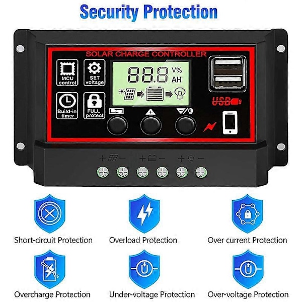 Solar Opladningscontroller Sort Solpanel Batteri Smart Regulator Dobbelt USB-porte Automatisk Justerbar LCD-skærm