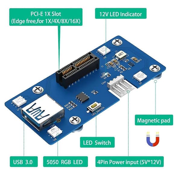 2 i 1 PCI Express PCI-E 1X til 1X/4x/8x/16x Riser-kort med automatisk misfargings LED-lys
