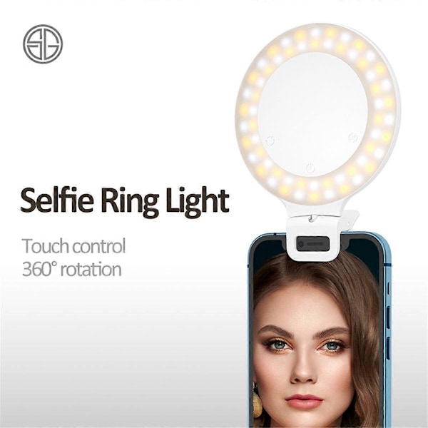 Selfie-valo LED-videovalo puhelimelle/kannettavalle, kannettava klipsikiinnitteinen kameralamppu himmennettävällä 3500-8000K matkustusvalorenkaalla