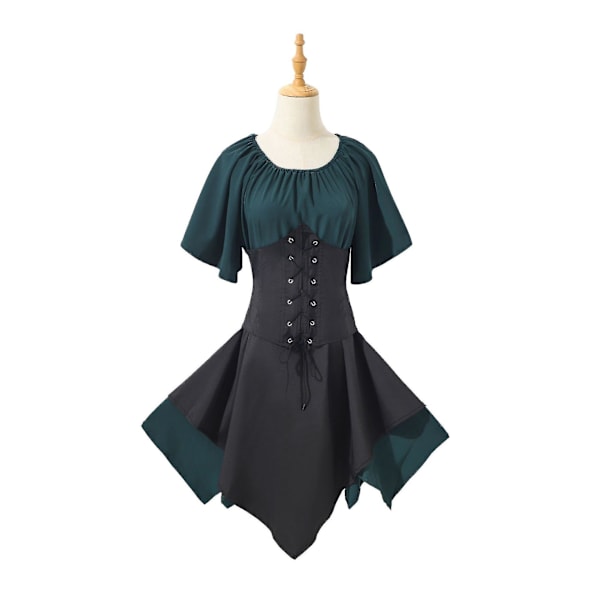 Snabb Leverans Medeltida Renässansdräkter för Kvinnor Pirat Korsett Klänning Kvinnor Utsvängd Ärm Traditionell Irländsk Kort Klänning Green-Black XL