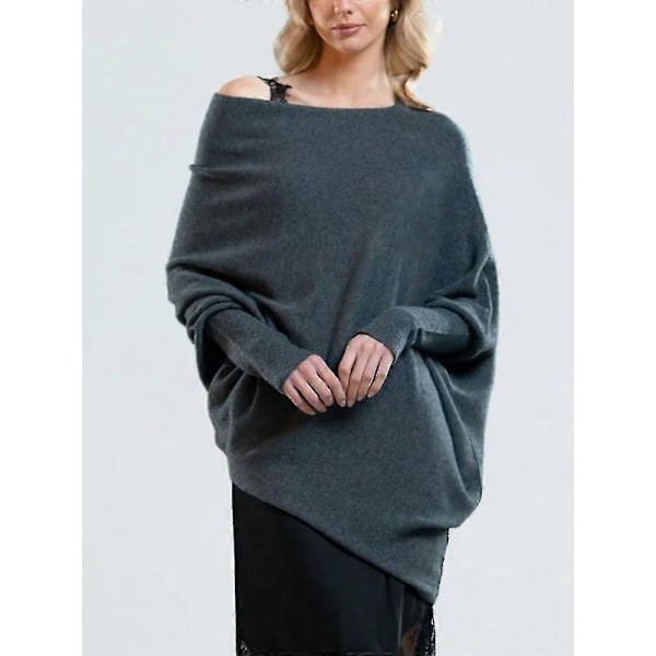 Asymmetrisk draperet jumper, en jumper så ultrablød som skyerne, dame langærmet slouch batwing almindelig blød strikket jumper dark gray
