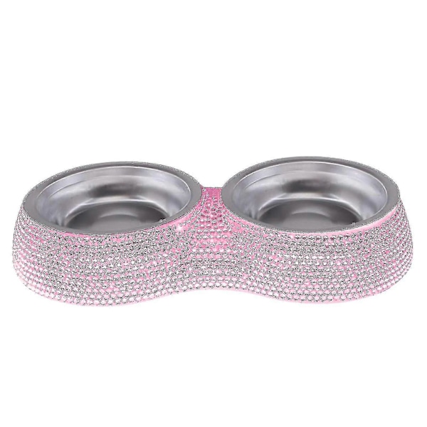 Rhinestone Hundeskåle Rustfrit Stål Dobbelt Foder Pet Til Hvalpe Pink
