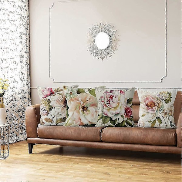 Sett med 4 Retro Rose Blomst Beige Sofapute Vaskbar Polyester Lin Tekstil Dekorativ - ya01