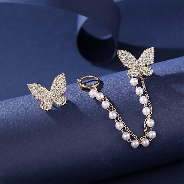1 par örhängen fjärilsform glänsande strass inlagda all match dam clip örhängen kvinnlig accessoar