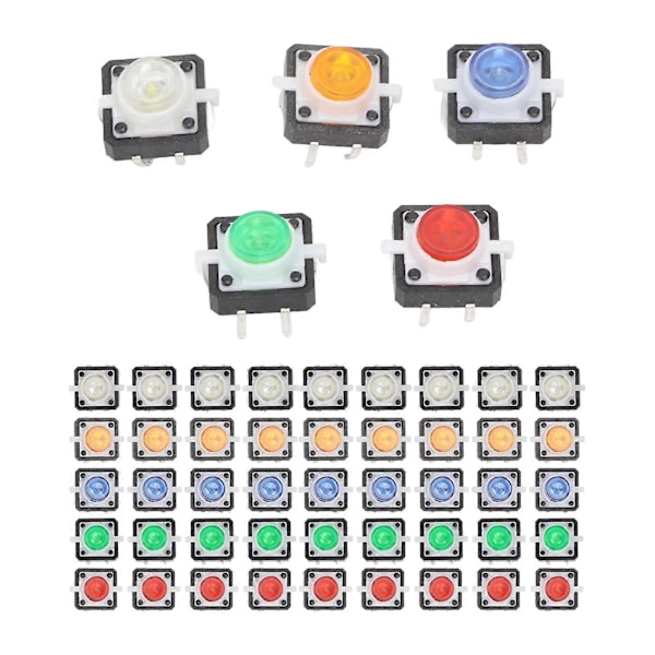 50 st Mini Momentär Tryckknapp Återställbar Röd Gul Blå Grön Vit Taktil Knapp med LED-lampa DC 12V