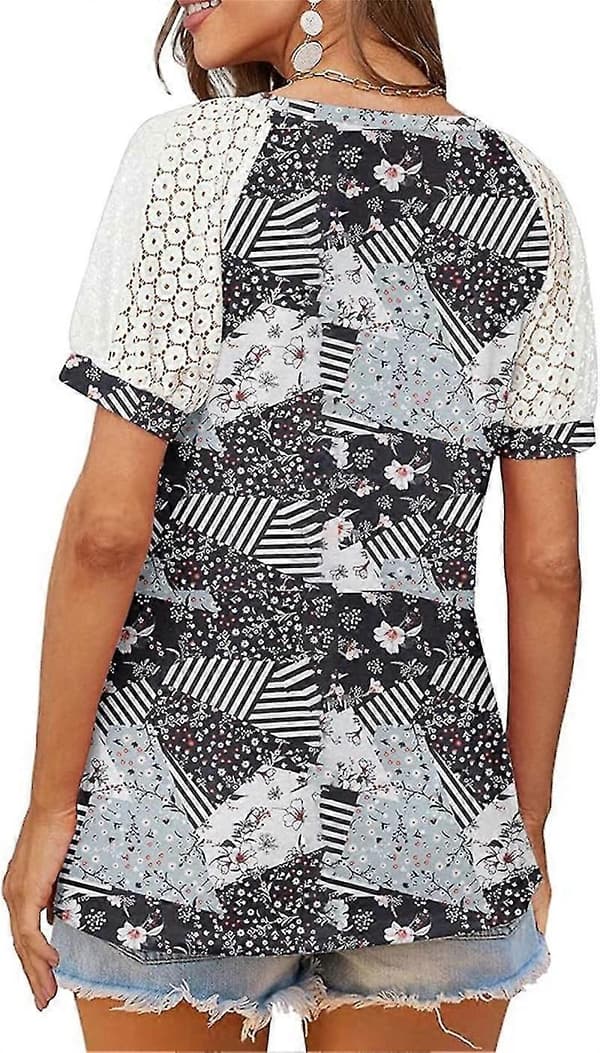 Mode Spetstoppar Sömmar Kortärmad V-ringad T-shirt Blus Blomstertryck 3XL