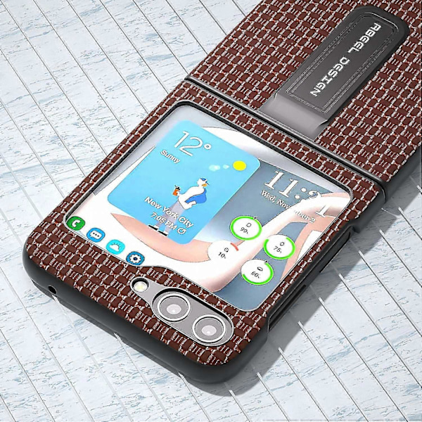 Lyxigt texturerat fodral med stativ i äkta kohudläder + PC-skal för Samsung Galaxy Z Flip5 5G Espresso