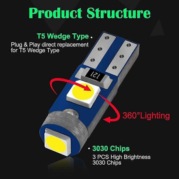 20X T5 Super Lysstærk 3 SMD 3030 LED Glasbund Lampe Speedometer Belysning Farver Green