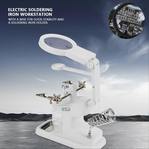 USB Elektrisk Loddestasjon med 3X/4.5X/25X Lupe LED-lys og Klemmer (Hvit)