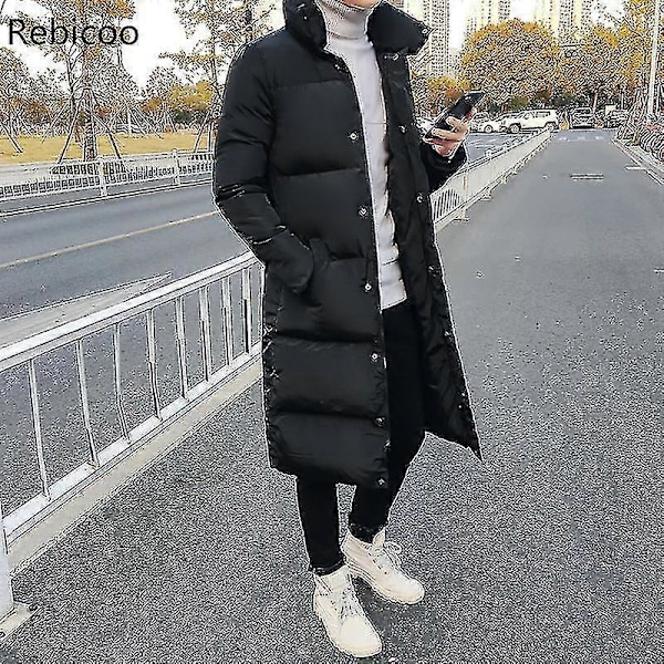 Lång dunjacka för män Lyxig Vinter Enfärgad Svart Parkas Herr Plus Storlek 4xl Tjock Varm Slim Fit Herrrock XXL