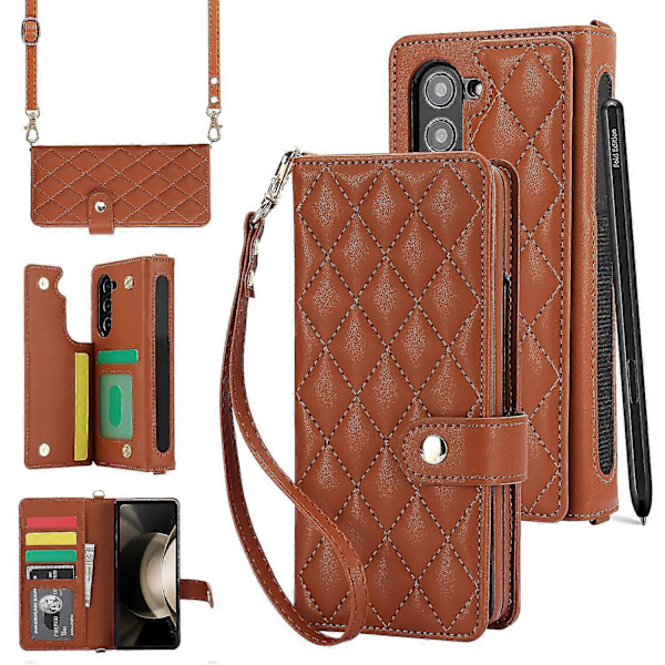 För Samsung Galaxy Z Fold 6 Plånboksfodral med S Pen-hållare, Crossbody-snodd & Handledsrem, Stöttåligt Stilrent Skyddsfodral Brown
