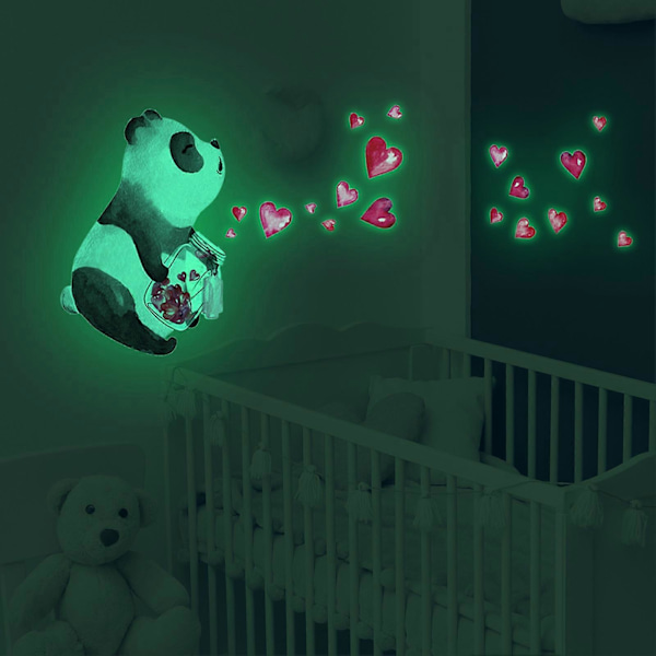Valaiseva seinätarra, itseliimautuva, irrotettava, vahva tarttuvuus, hieno kuvio, helppo levittää, koristeellinen PVC-fluoresoiva, hehkuu pimeässä, sydänpanda