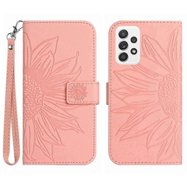 Til Samsung Galaxy A73 5G HT04 Skin-Touch PU Læder Folio Flip Telefon Cover med Præget Solsikke Stand Light Pink