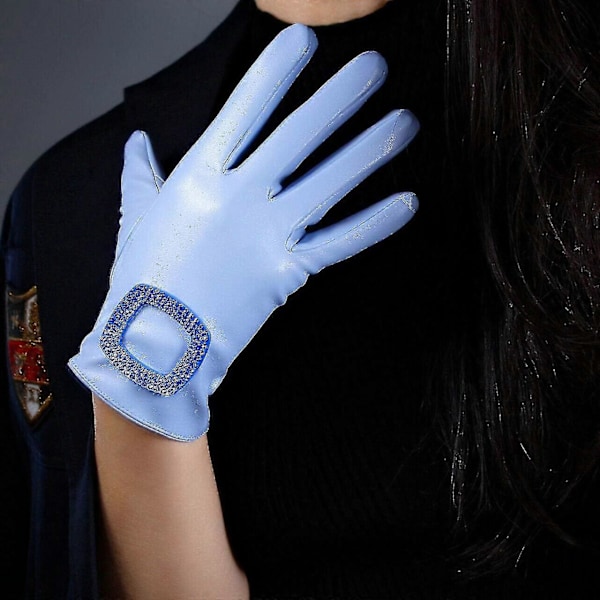 Dam Vinterhandskar Faux Läder Fårskinn Lång Ljusblå Stora Ärmar Aftonklänning Handskar 21cm Buckle