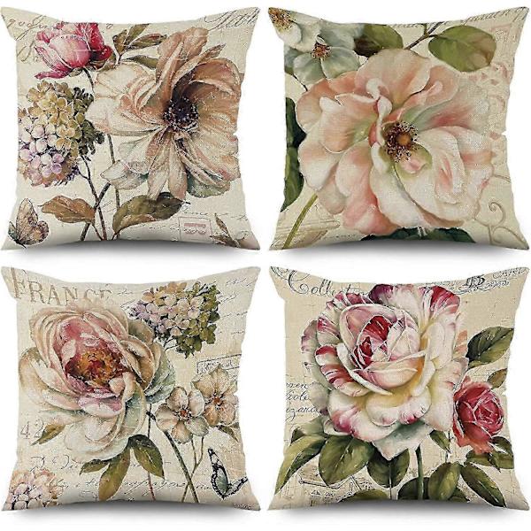 Sæt med 4 Retro Rose Blomst Beige Sofapuder Vaskbart Polyester Hør Tekstil Dekorativ - ya01