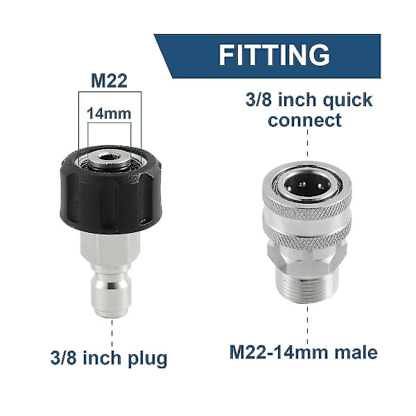 Rustfrit stål højtryksrenser Quick Connect Kit, m22 14mm til 3/8in Quick Connect, 3/4in til 1/2in Quick Release Adapter