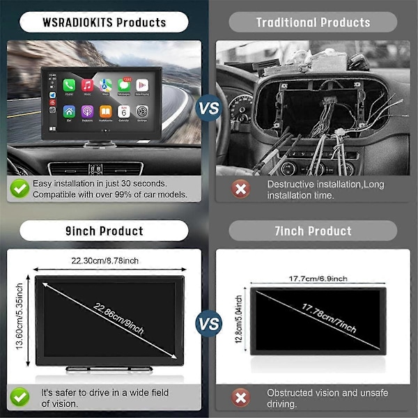 Trådlös Carplay Bilstereo, 9-tums Touchskärm Carplay och Android Auto, Dash Cam, Backkamera, Mirror Link//FM/BT