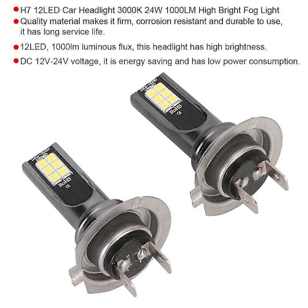 2 stk. H7 12LED Bilfrontlykt 3000K 24W 1000LM Høyt Lys Tåkelys