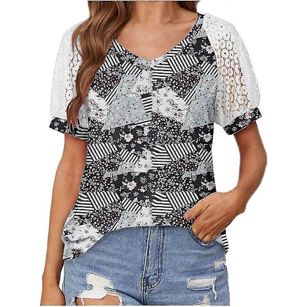 Moderigtige blonde toppe syet sammen med kortærmet V-hals T-shirt bluse med blomsterprint 3XL