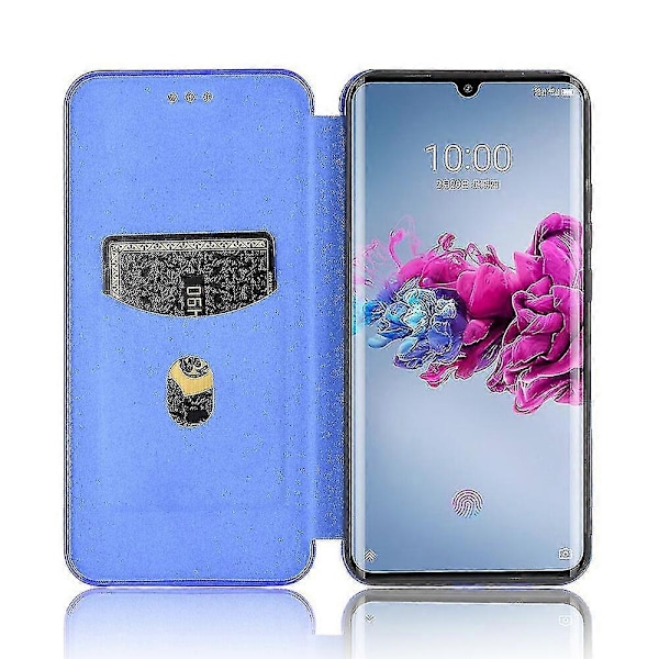 Kompatibel med Zte Axon 11 5g Kulfiber Læder Etui Folio Flip Beskyttende Magnetisk Cover Etui Coque Blue