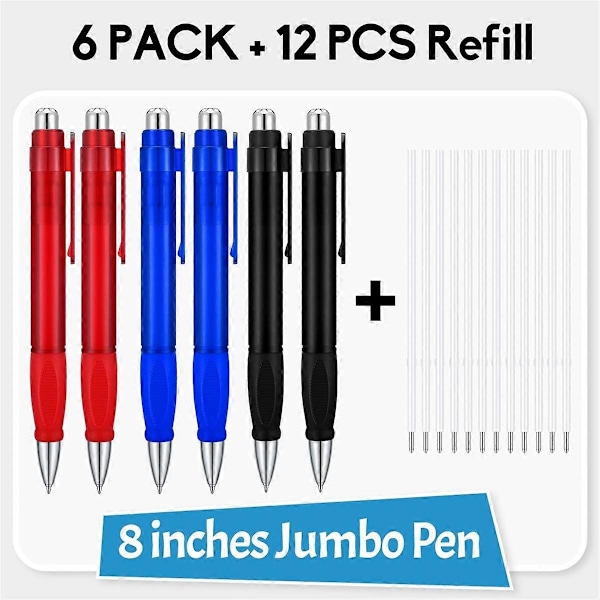 6 stk. Store Penner Jumbo Penn Bulk med Refill Ekstra Store Kulepenner Svart Blekk Tykke Penner Gigantisk Penn Overdimensjonert Utrekkbar
