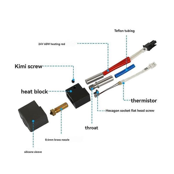24V 60W Hotend Kit Termistor Varmeelement Hals for KP3S V1 Ekstruder Hot End Kit 0.4mm Messingdyse