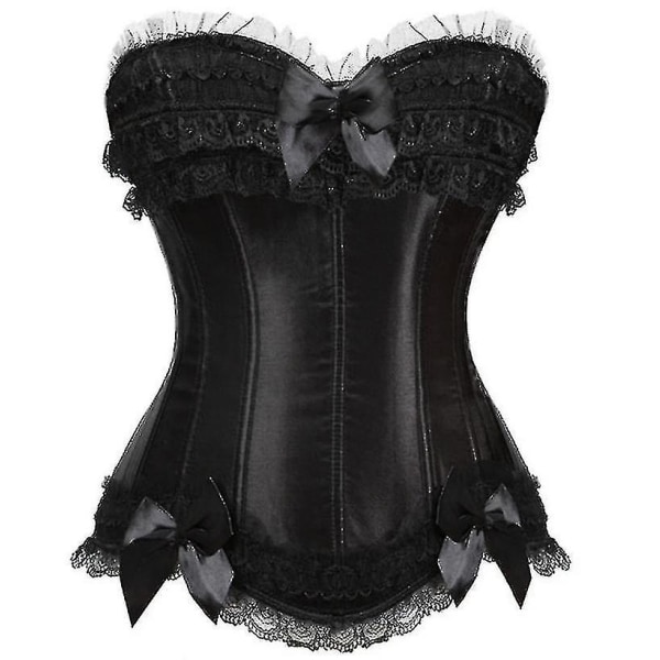 Tflycq S-6xl Satin Spets Bow Trim Zip Side Overbust Korsetter Burlesque Showgirl Lace Up Corset Bustiers Sexig Corselet Bodyshaper Topp Svart